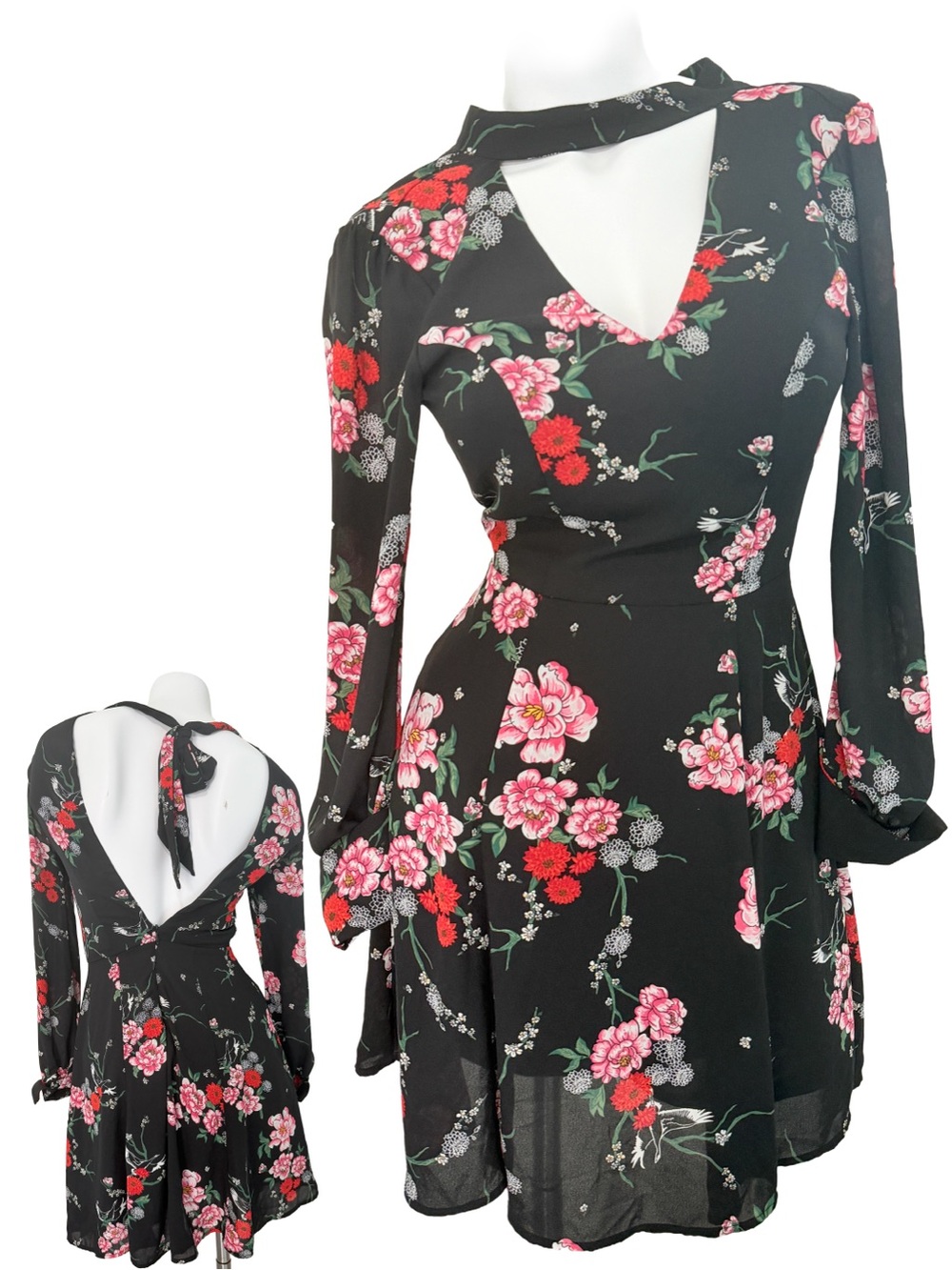 H&M Floral Long Sleeve flare Dress xsmall sz 2 dark romantic whimsigoth coquette